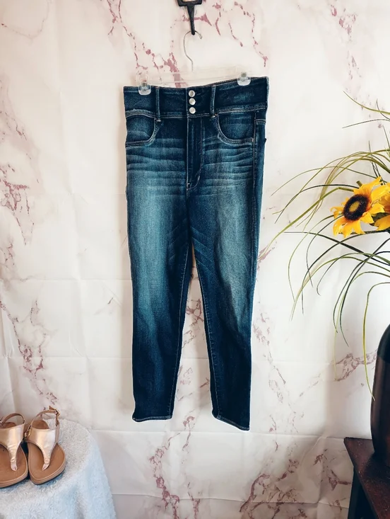 American Eagle High Rise Skinny Jeans Dark Wash 3 Button Stretch 12 - Picture 3 of 6